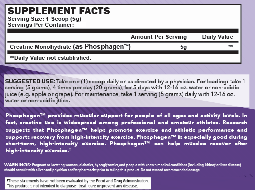 Supplement facts and usage for Phosphagen, a creatine supplement for muscular support and recovery from high-intensity exercise.