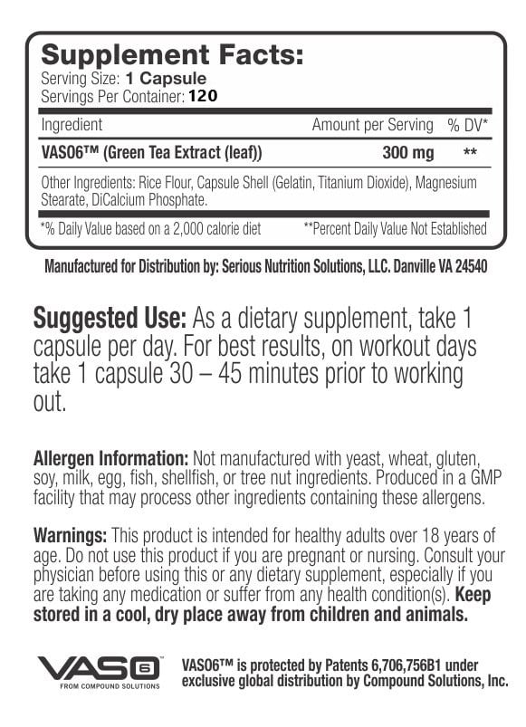 Supplement facts and usage instructions for a 120-capsule container of VASO6 green tea extract. Intended for healthy adults over 18.