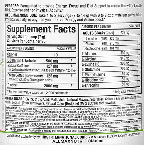 Nutrition supplement that provides energy, focus and diet support. Contains ingredients such as Taurine, L-Carnitine and natural caffeine.