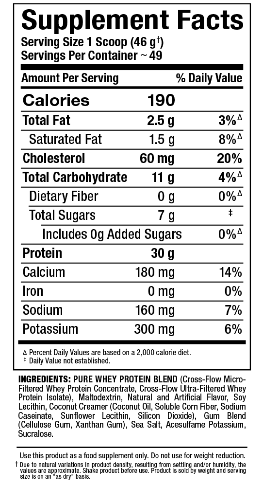 Nutrition label for a protein supplement revealing 190 calories per serving, 1.5g saturated fat, 30g carbs. Contains whey protein.