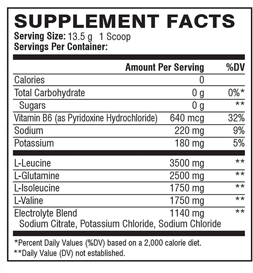 Supplement facts label showing serving size, calories, carbohydrates, vitamin B6, sodium, potassium, and amino acids content.