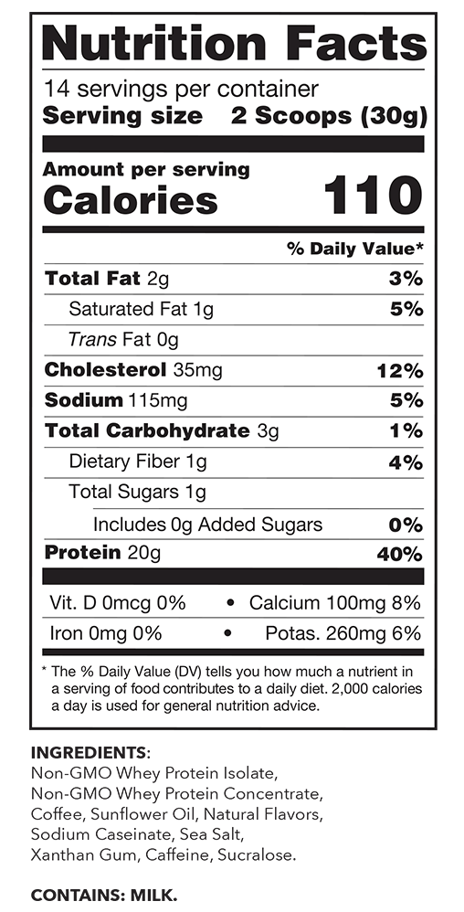 Nutrition label for a 30g serving of Non-GMO whey protein with facts such as 20g protein, 2g fat, 3g carbs, and key ingredients.