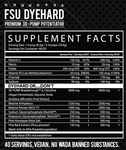 Product information and nutritional value of FSU DYEHARD PREMIUM 3D-PUMP POTENTIATOR SUPPLEMENT, a vegan product with key ingredients like Vitamin C, Niacin, and L-Citrulline.