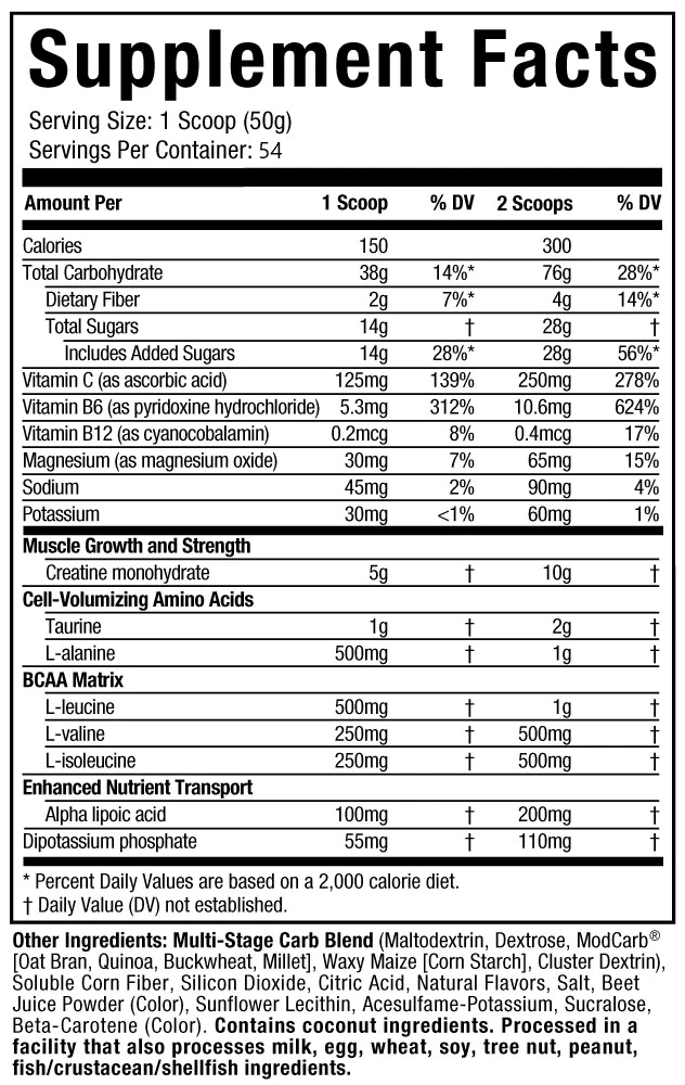 A label detailing supplement facts which include vitamins, minerals, amino acids, and other ingredients. Serving Size is 1 scoop with 54 servings per container.