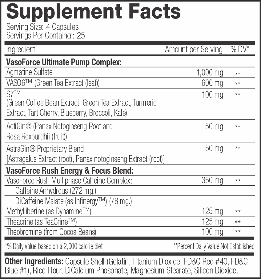 Supplement facts label listing ingredients like Agmatine Sulfate, green tea and coffee bean extracts, Turmeric, AstraGin, Caffeine, and Theobromine among others.