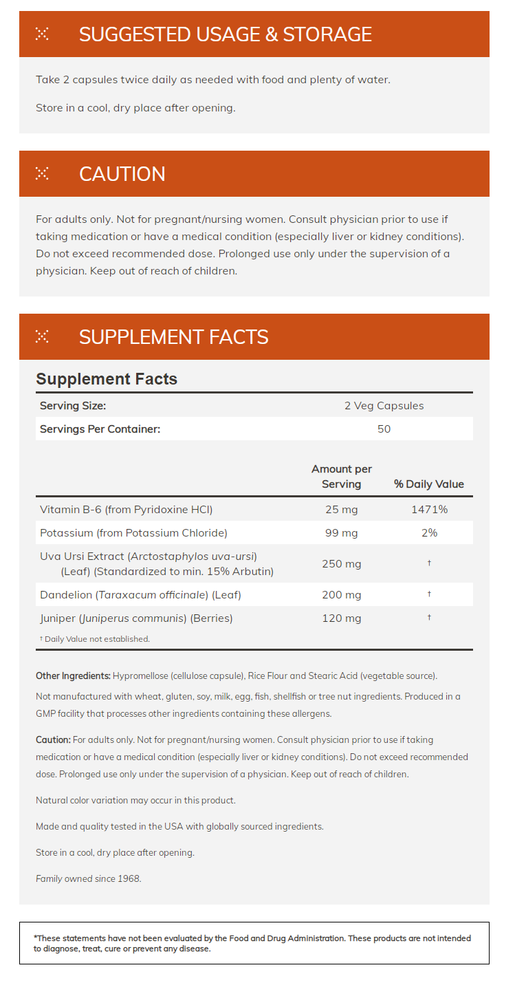 Supplement facts and usage information for a dietary supplement with ingredients including Vitamin B-6, Potassium, Uva Ursi Extract, and Dandelion. Not for pregnant/nursing women.