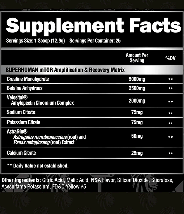 Nutritional information for a supplement with ingredients like creatine monohydrate, betaine anhydrous, and various citrates. Servings per container: 25.