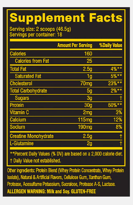 Nutrition information for a supplement with serving size of 2 scoops. Includes values for calories, fat, protein, vitamins and other elements.