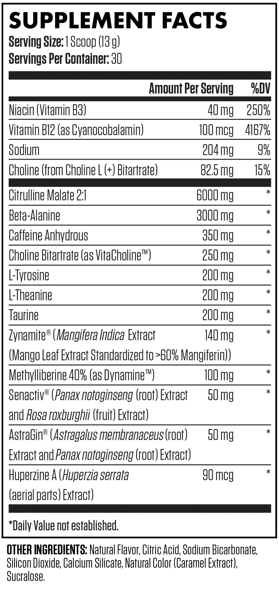 Supplement facts label for a product with ingredients including niacin, vitamin B12, sodium, choline, caffeine, various natural extracts, and other ingredients.