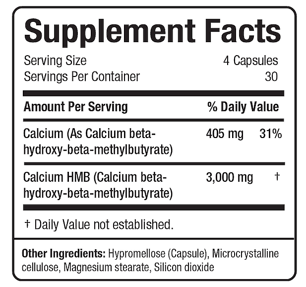 Supplement facts showing Calcium and Calcium HMB serving sizes and daily values, plus additional ingredients.