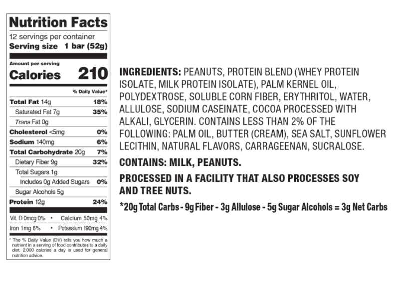 Nutrition facts for a protein bar with 210 calories, 14g of fat, 20g of carbs, 12g of protein. Contains milk and peanuts.