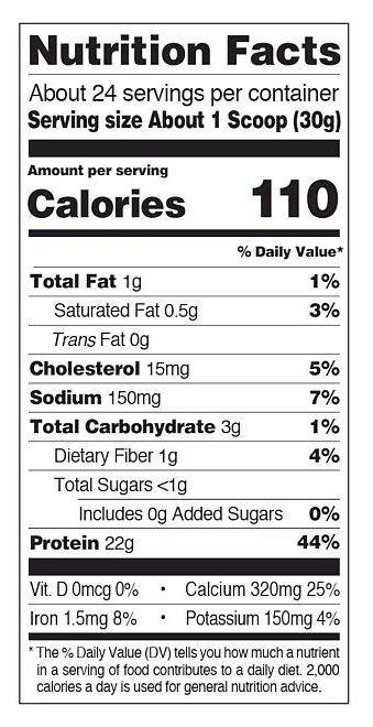 Nutrition facts for a product showing 24 servings per container, 110 calories per serving, 1g fat, 3g carbs, 22g protein.