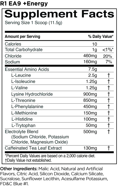 Nutrition label for R1 EA9 +Energy Supplement showing serving size, ingredient list, calories, carbohydrates, essential amino acids, and daily values.