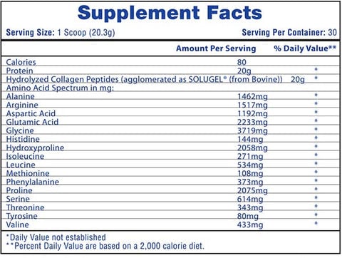 Protein supplement facts detailing serving size, daily value percentages, calories, and an array of amino acids included in 20g hydrolyzed collagen peptides.