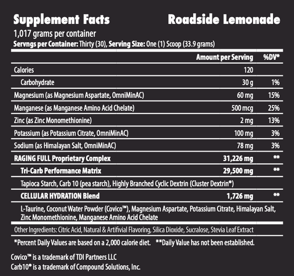 Supplement facts for a 1,017 grams container with 30 servings. Each serving contains 120 calories, 30g of carbohydrates, and various minerals and proprietary blends.