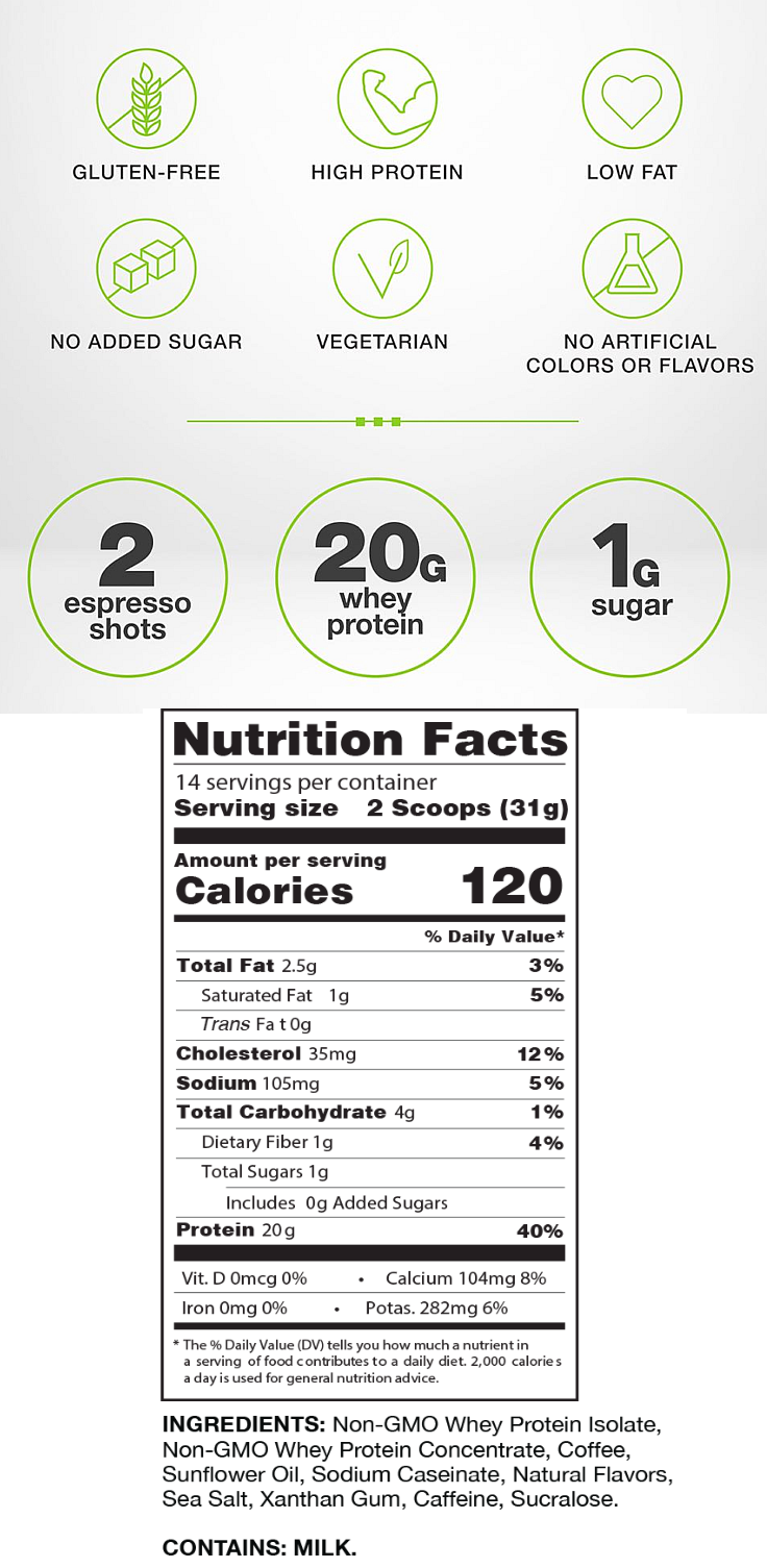 Nutrition facts for a gluten-free, vegetarian, high protein powder with no added sugar. Contains 20g protein, 2.5g fat per serving.