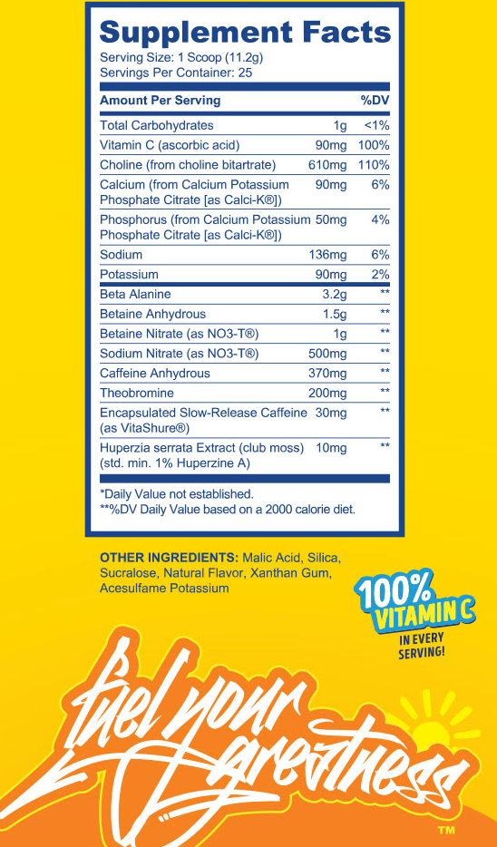 Supplement facts showing serving size, ingredients, and daily value percentages. Includes 100% Vitamin C per serving.
