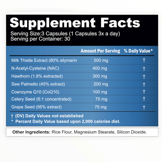 Supplement facts label showing various ingredients and their amounts per serving, daily value percentages not established.