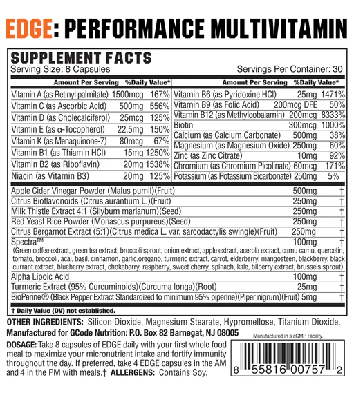 Details of EDGE Performance Multivitamin, with serving size of 8 capsules per day. Ingredients include various vitamins, minerals, plant extracts, and others.