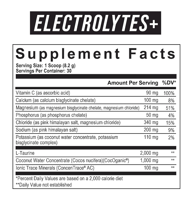 Electrolytes+ supplement facts, 1 scoop serving size with various nutritional elements like Vitamin C, Magnesium, etc., based on a 2000 calorie diet.