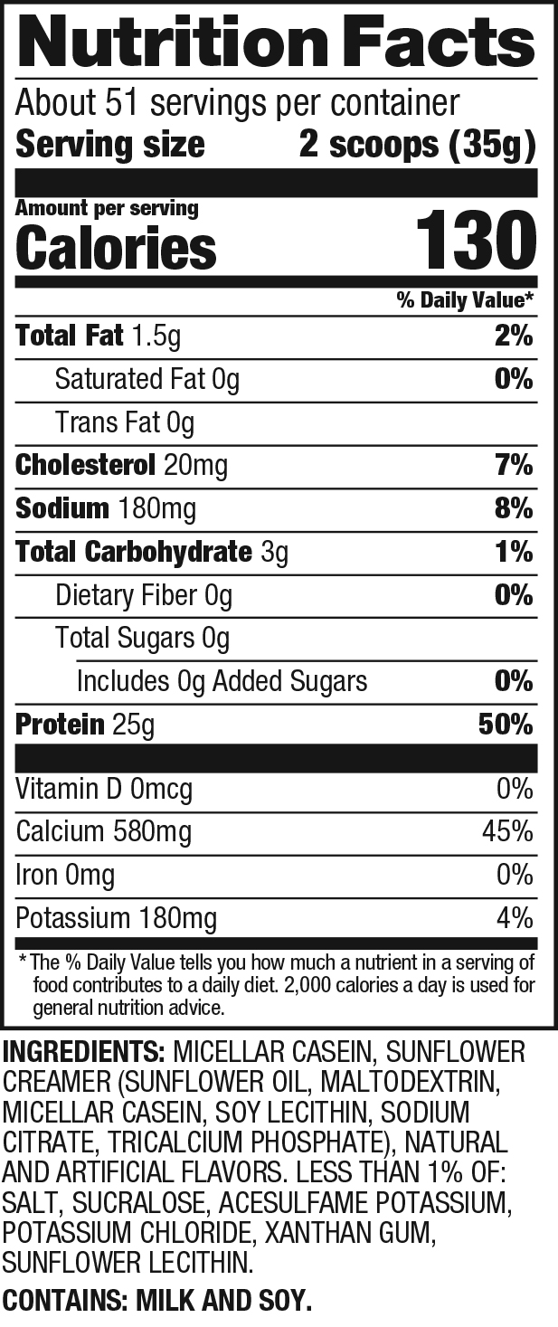 Nutrition label showing 130 calories, 1.5g of Total fat, 20mg Cholesterol, 180mg Sodium, and 25g Protein per serving. Ingredients listed.