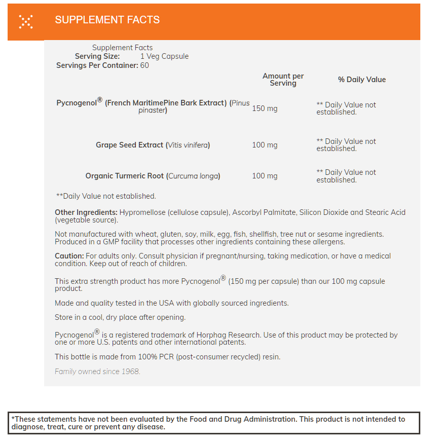 Supplement Facts label for a 60-veg capsule bottle. Ingredients include Pycnogenol, Grape Seed Extract, Organic Turmeric Root, stored in 100% PCR resin bottle.