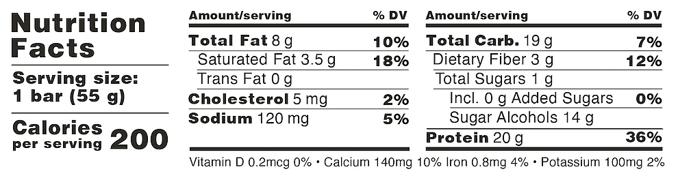 Nutrition facts for a 55g bar: 200 calories, 8g fat, 3.5g sat fat, 0g trans fat, 5mg cholesterol, 120mg sodium, 19g carbs, 3g fiber, 1g sugars, 20g protein.