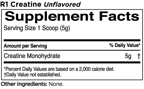 Nutritional information for R1 Creatine supplement, indicating a serving size of 1 scoop (5g) contains 5g of Creatine Monohydrate.