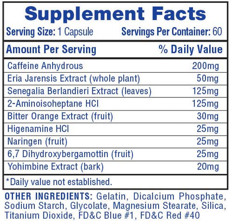 Supplement facts for 1 capsule with various ingredients including caffeine, Eria Jarensis Extract, Senegalia Berlandieri Extract and more.