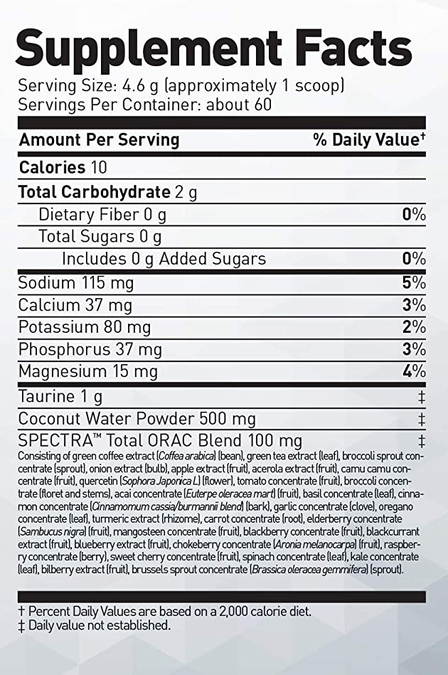 Supplement nutrition label showing serving size, calories, carbohydrates, sodium, minerals, daily values, and ingredients including various extracts and concentrates.