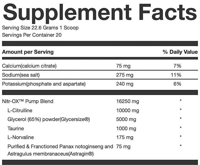 Supplement fact chart showing serving size, contents, daily value percentages for ingredients such as Calcium, Sodium, Potassium, and Nitr-OX Pump Blend.