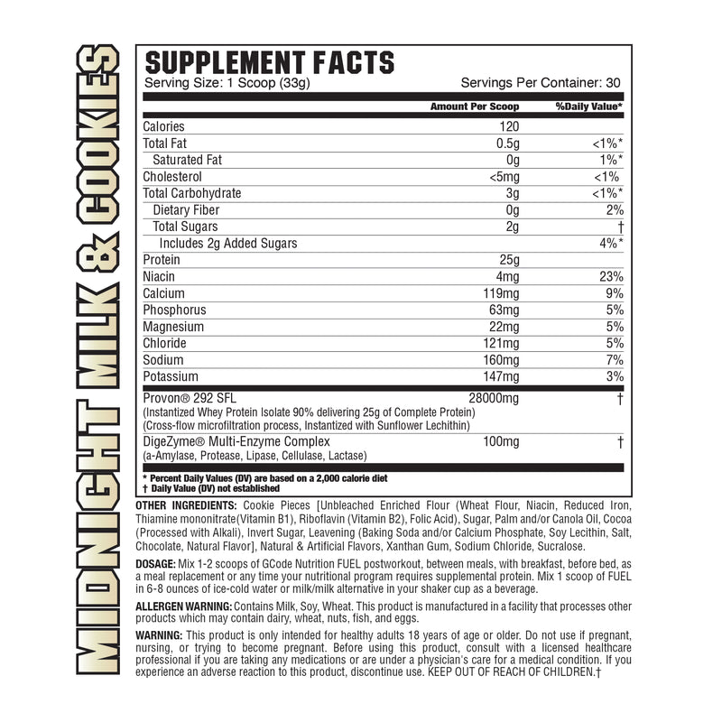 Nutritional label for Midnight Milk & Cookies Supplement showing serving size, total fat, carbs, protein, vitamins & minerals contents etc.