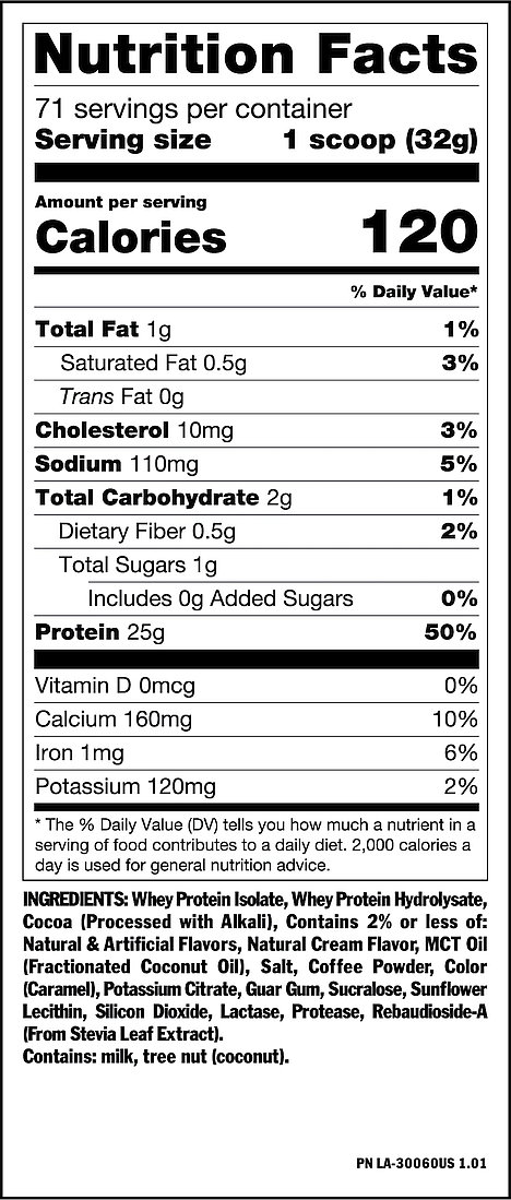 Nutrition facts for whey protein: 25g protein, 1g fat, 2g carbs per scoop (32g). Ingredients include whey isolate, cocoa, MCT oil, and more.