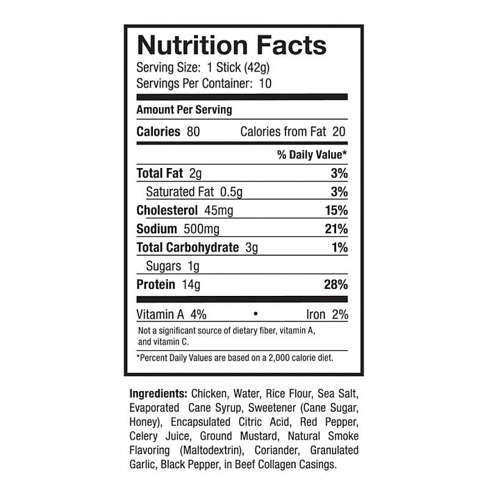 Nutrition facts and ingredients of a single 42g meat stick with 80 calories, 14g protein, and 2g fat.