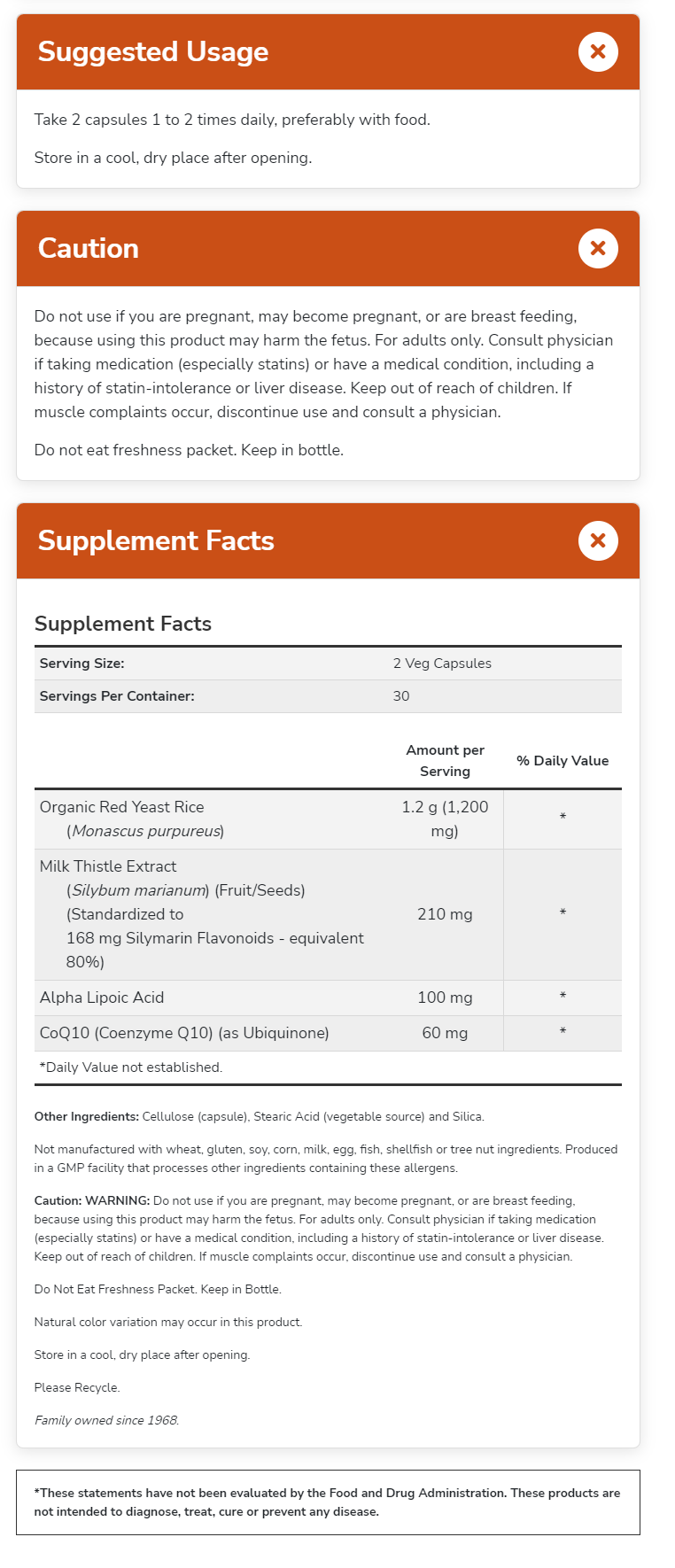Supplement usage instructions and warnings, supplement facts about Organic Red Yeast Rice, Milk Thistle Extract, and CoQ10 contents, storage, and all-natural ingredients.