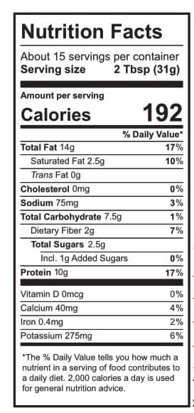 Nutrition facts showing 15 servings per container with 192 calories, 14g total fat, 75mg sodium, 7.5g carbs, and 10g protein per serving.