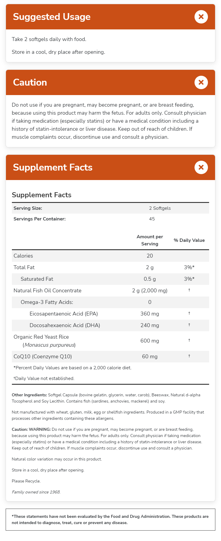Supplement facts and usage instructions for softgel capsules containing Fish Oil, Omega-3, Red Yeast Rice and CoQ10. Not suitable for pregnant women.