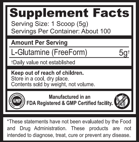 Supplement facts for L-Glutamine powder with serving size and storage details, stating 'not evaluated by the FDA'.