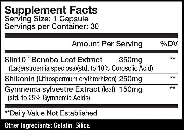 Supplement facts for a capsule containing Banaba Leaf Extract, Shikonin, and Gymnema sylvestre Extract, with 30 servings per container.