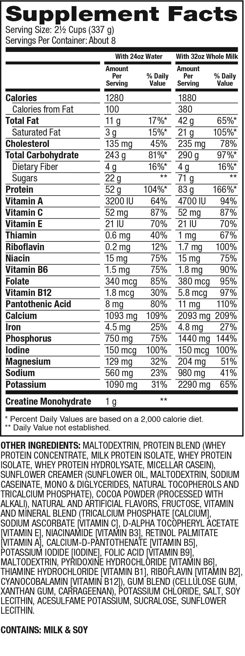 Supplement facts showing ingredients, servings, and daily nutritional values including vitamins, minerals and calories.