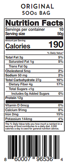 Nutrition facts for Original 500g bag: 190 calories per serving, 3g fat, 27g carbs, 12g protein, and various vitamins and minerals.