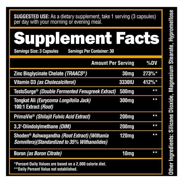 Dietary supplement instructions and ingredients list including Zinc, Vitamin D3, Fenugreek Extract, Tongkat Ali, Shilajit Fulvic Acid Extract, Ashwagandha, and Boron.