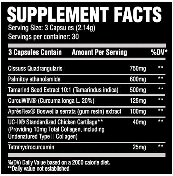 Supplement facts for a 30 servings capsule blend, including Cissuss Quadrangularis, Palmitoylethanolamide, Tamarind Seed Extract, CurcuWIN, AprèsFlex, UC-II Chicken Cartilage and Tetrahydrocurcumin.