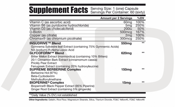 Supplement facts displaying serving size, servings per container, and quantities of various vitamins, as well as other ingredients.