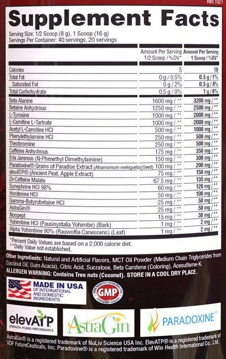 Supplement facts label showing serving sizes, calorie count and ingredients, including Beta Alanine, L-Carnitine, and Yohimbine. Contains tree nuts.