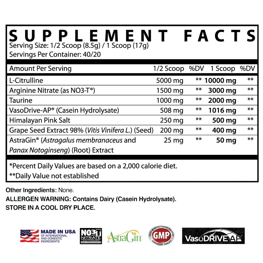 Supplement facts list with various ingredients per serving for a 1/2 & full scoop. Contains dairy, made in USA with international and domestic ingredients.