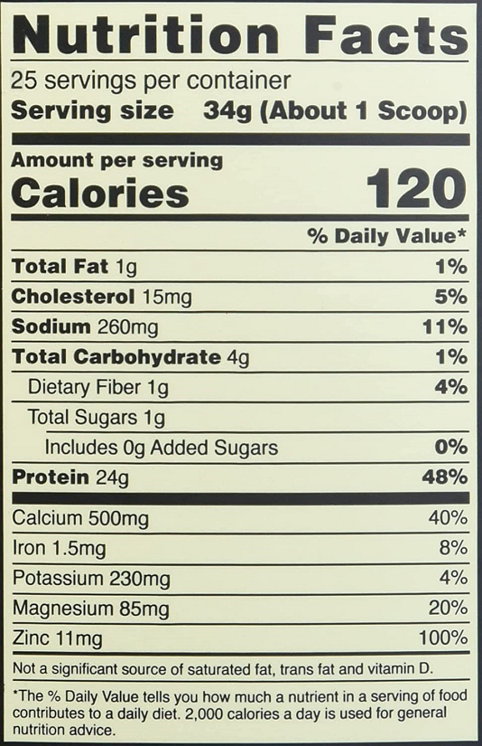Nutrition fact label for a product with 25 servings. Includes calorie count, macro, and micronutrient amounts and daily recommended values.