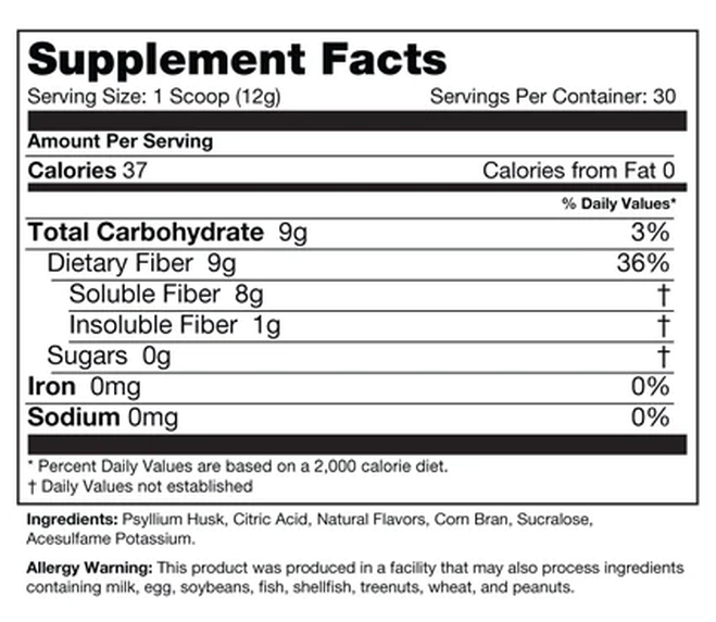 Supplement facts label showing serving size, calories, carbohydrate, fiber content, ingredients and allergy warning for a psyllium husk product.