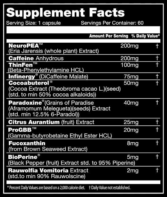 Supplement facts for a serving of a health capsule, listing ingredients and their quantities including NeuroPEA, Caffeine Anhydrous, and Cocoabuterol.