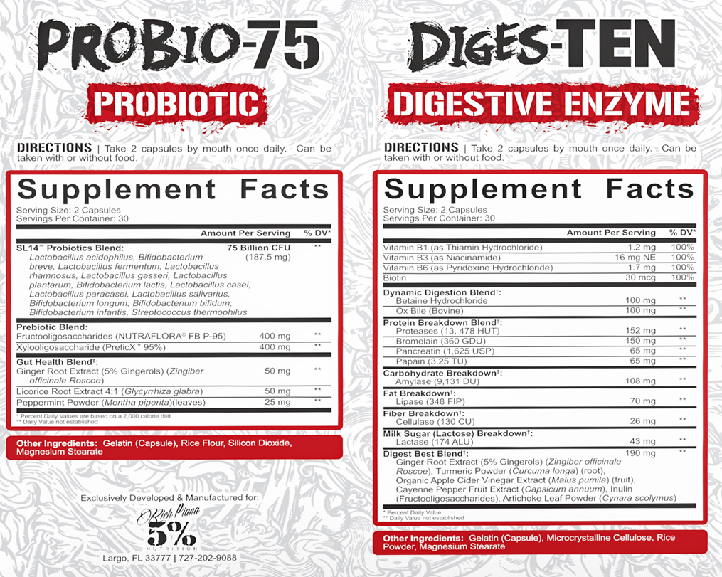 Directions for PROBIO-75 Probiotic and Digest-Ten Digestive Enzyme: take 2 capsules daily with or without food. Each contains natural blends for gut health.